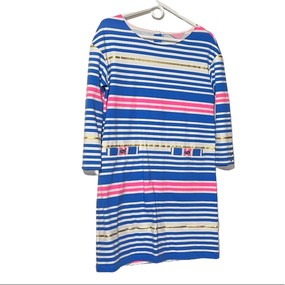 Lilly Pulitzer Lena Tiki Dress Striped Lapis Blue Pink White Gold Buttons Small